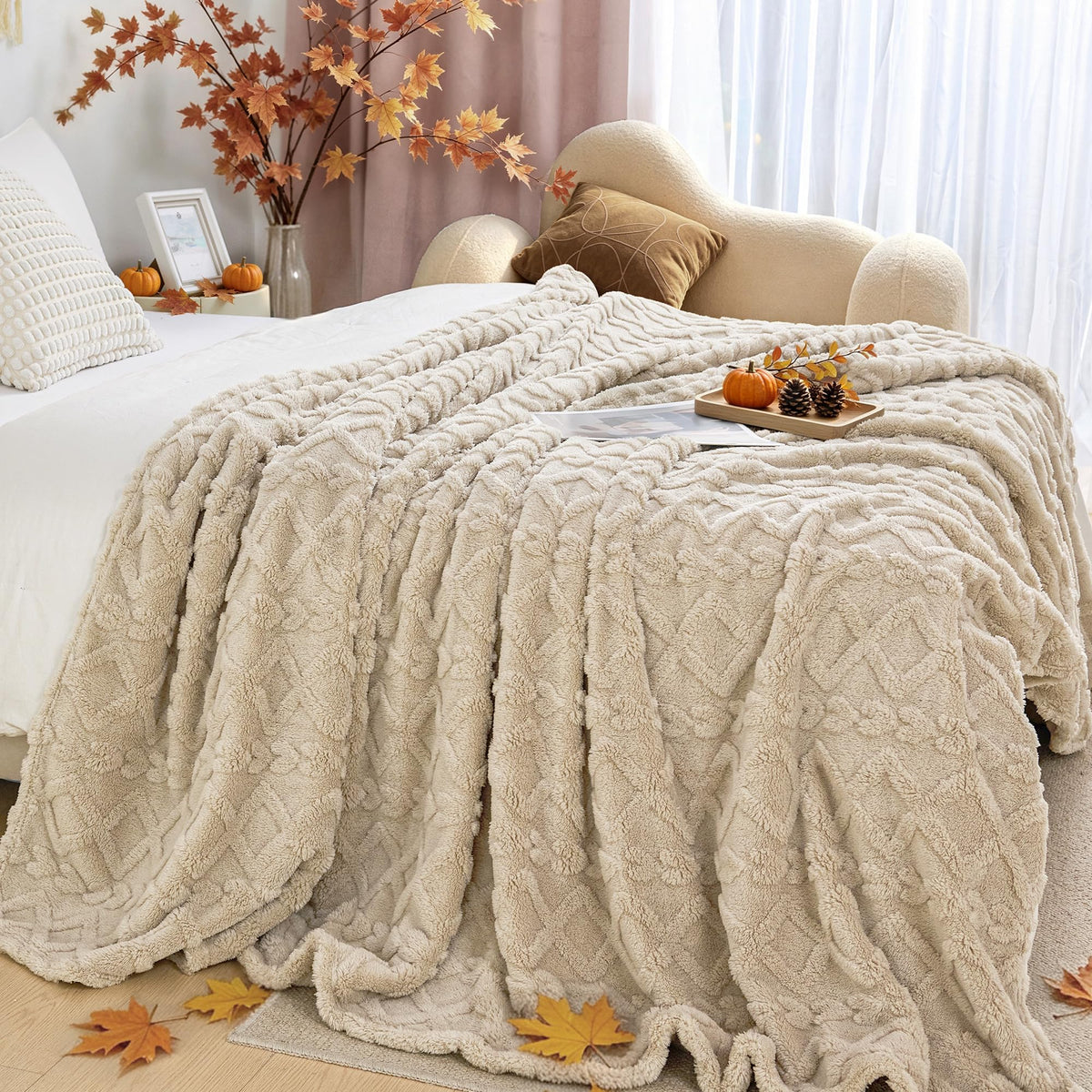 Fleece Throw Blanket for Couch, Fall Boho Blankets,50"x60" Khaki Lightweight Fuzzy Throw,Warm Gift for Women,Christmas,Housewarming,Soft Aesthetic Home Decor for Bedroom Sofa,All-Season Use